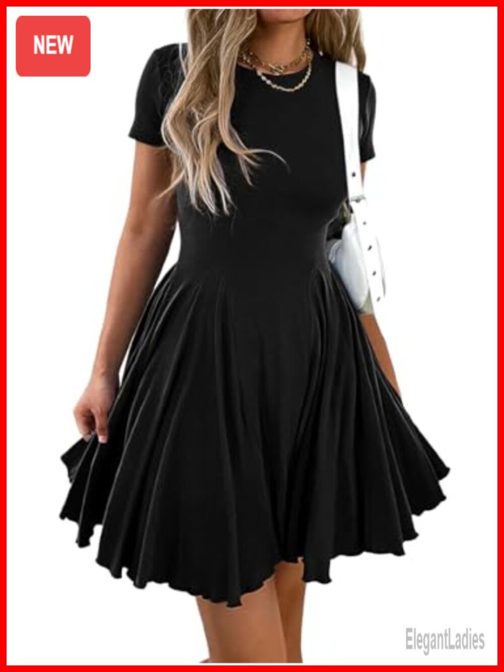 Women's Cotton Blend Fit and Flare Swing Mini Dress Crewneck Short Sleeve